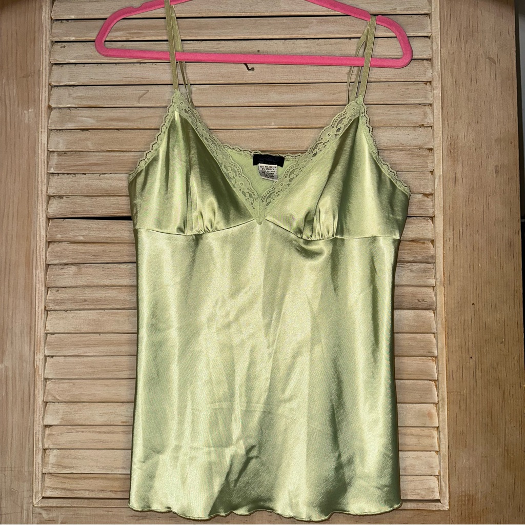 129 Star City Vintage Y2k Satin Green Tank With Lace Detailing - Size Xl